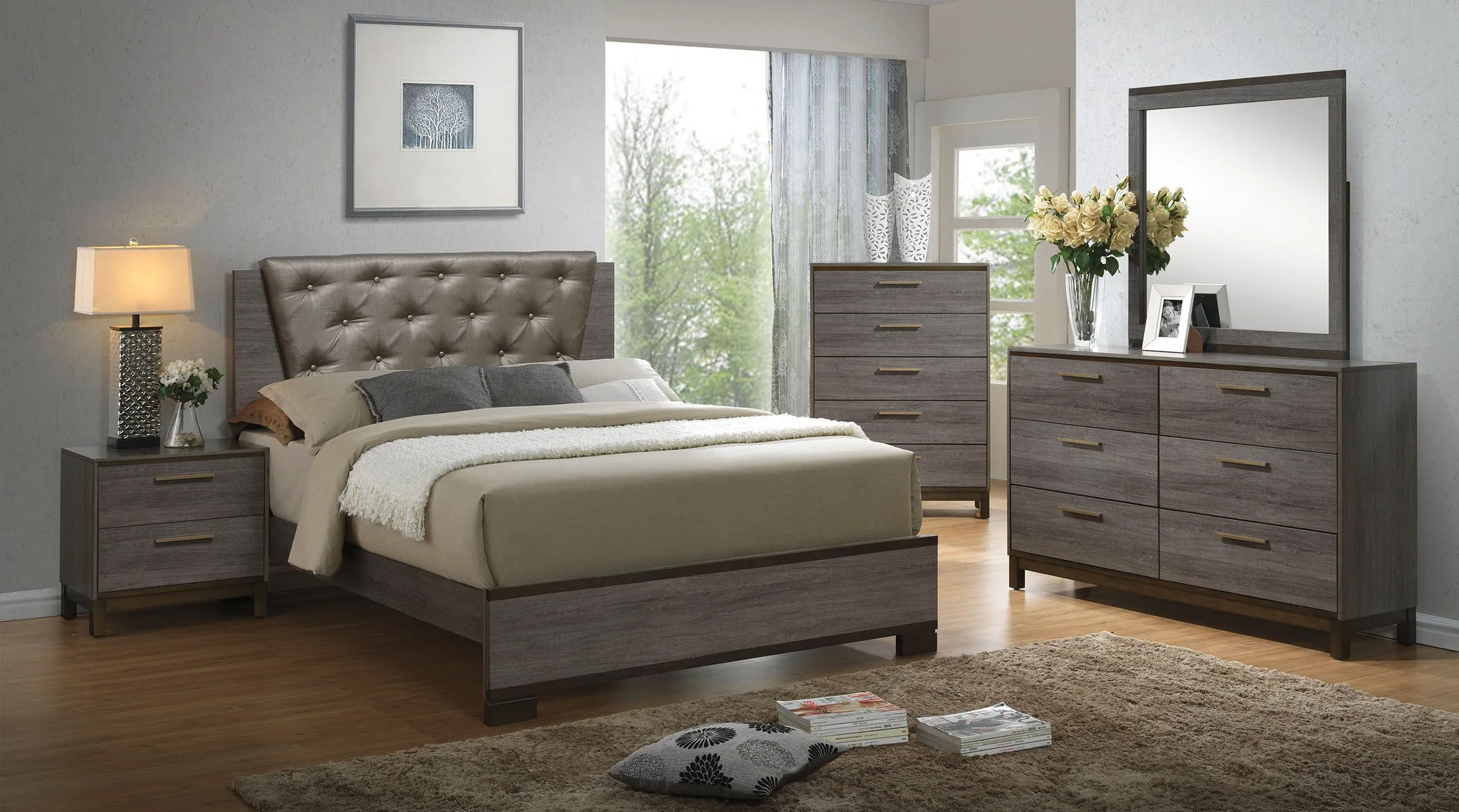 1 Piece Two Tone Antique Gray Nightstand, Contemporary Bedroom Furniture, Metal Glides, Brass Bar Pulls