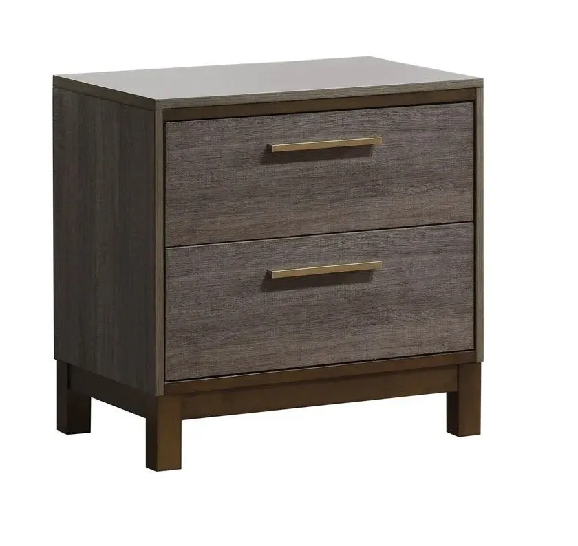 1 Piece Two Tone Antique Gray Nightstand, Contemporary Bedroom Furniture, Metal Glides, Brass Bar Pulls