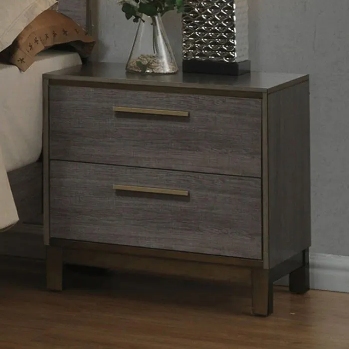 1 Piece Two Tone Antique Gray Nightstand, Contemporary Bedroom Furniture, Metal Glides, Brass Bar Pulls
