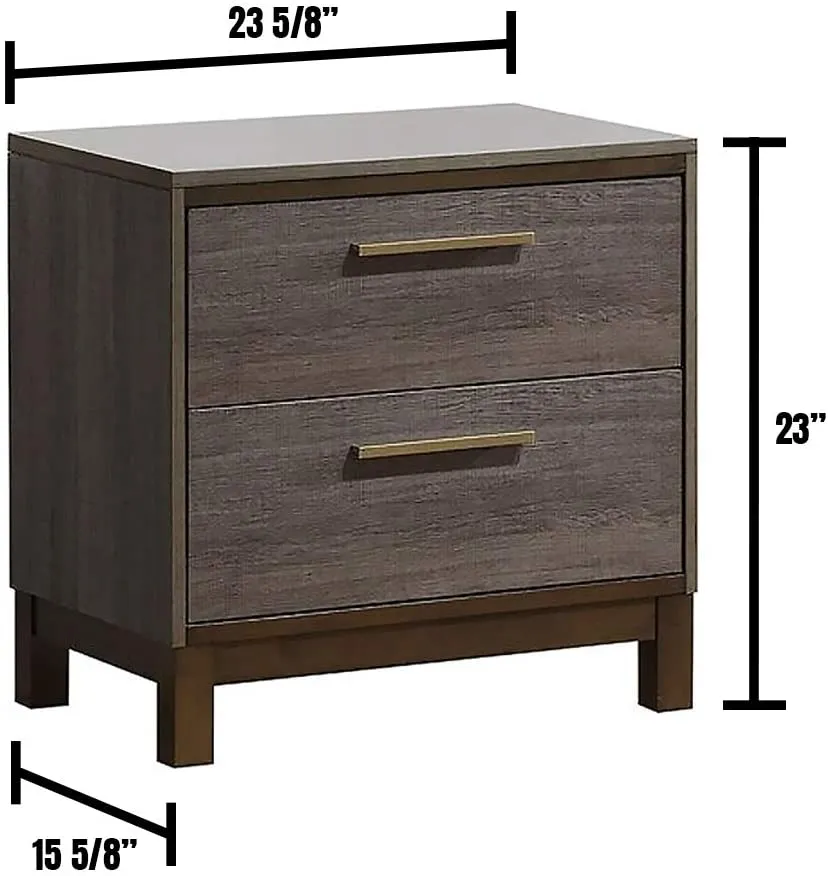 1 Piece Two Tone Antique Gray Nightstand, Contemporary Bedroom Furniture, Metal Glides, Brass Bar Pulls