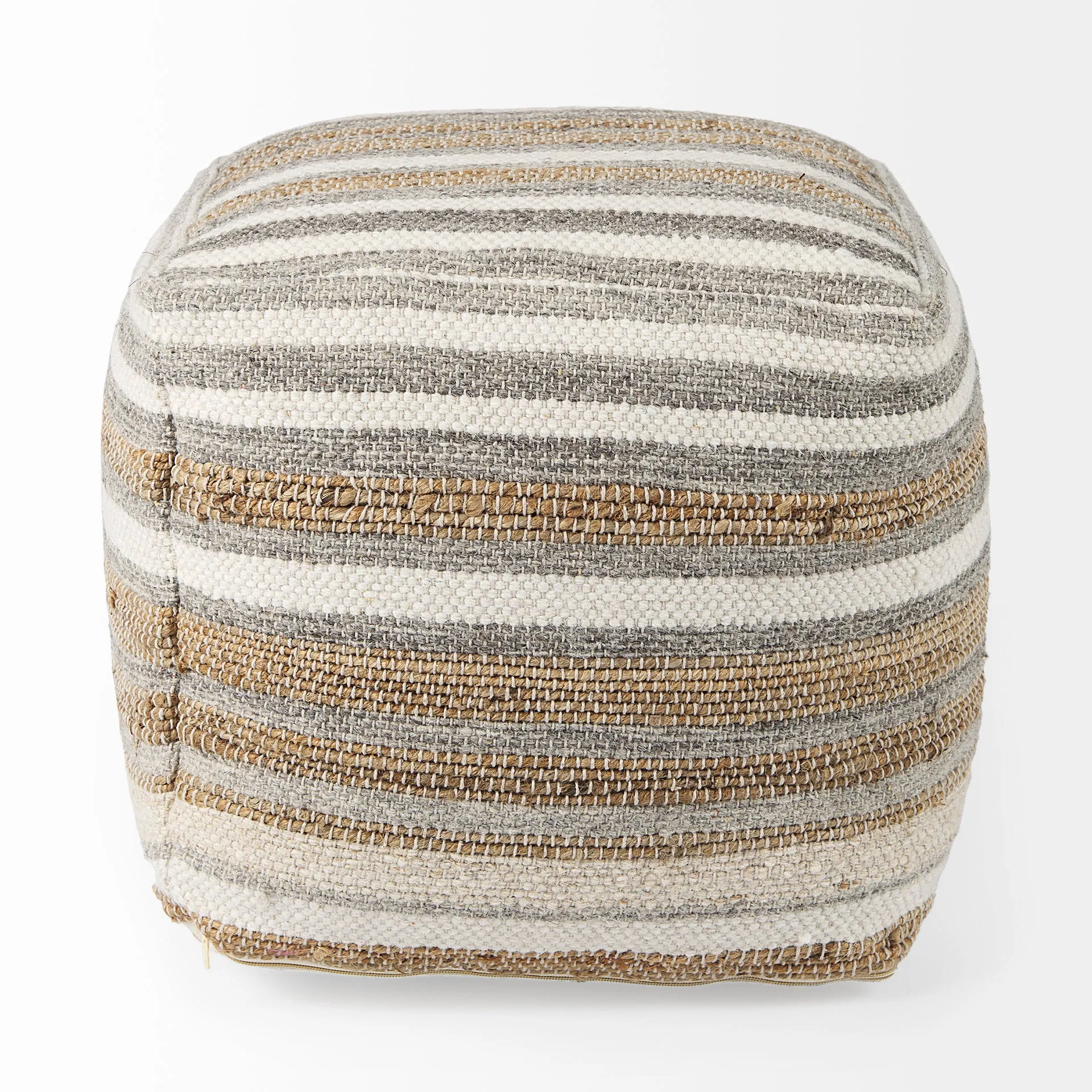 Aahana Striped Hemp and Cotton Pouf - 16" Square in White, Gray, and Taupe for Modern Elegance
