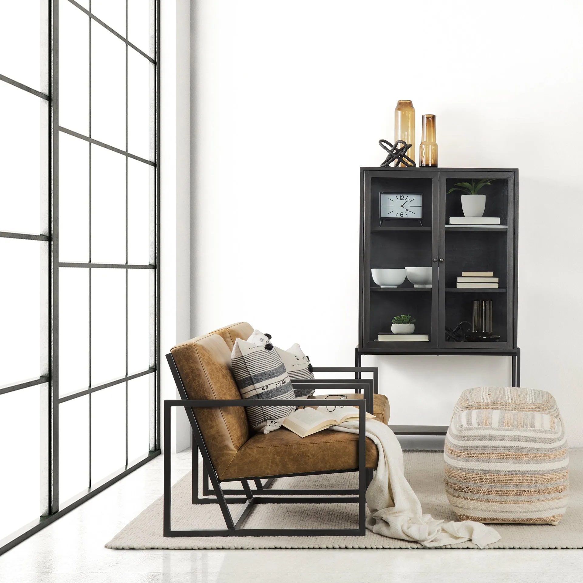 Aahana Striped Hemp and Cotton Pouf - 16" Square in White, Gray, and Taupe for Modern Elegance