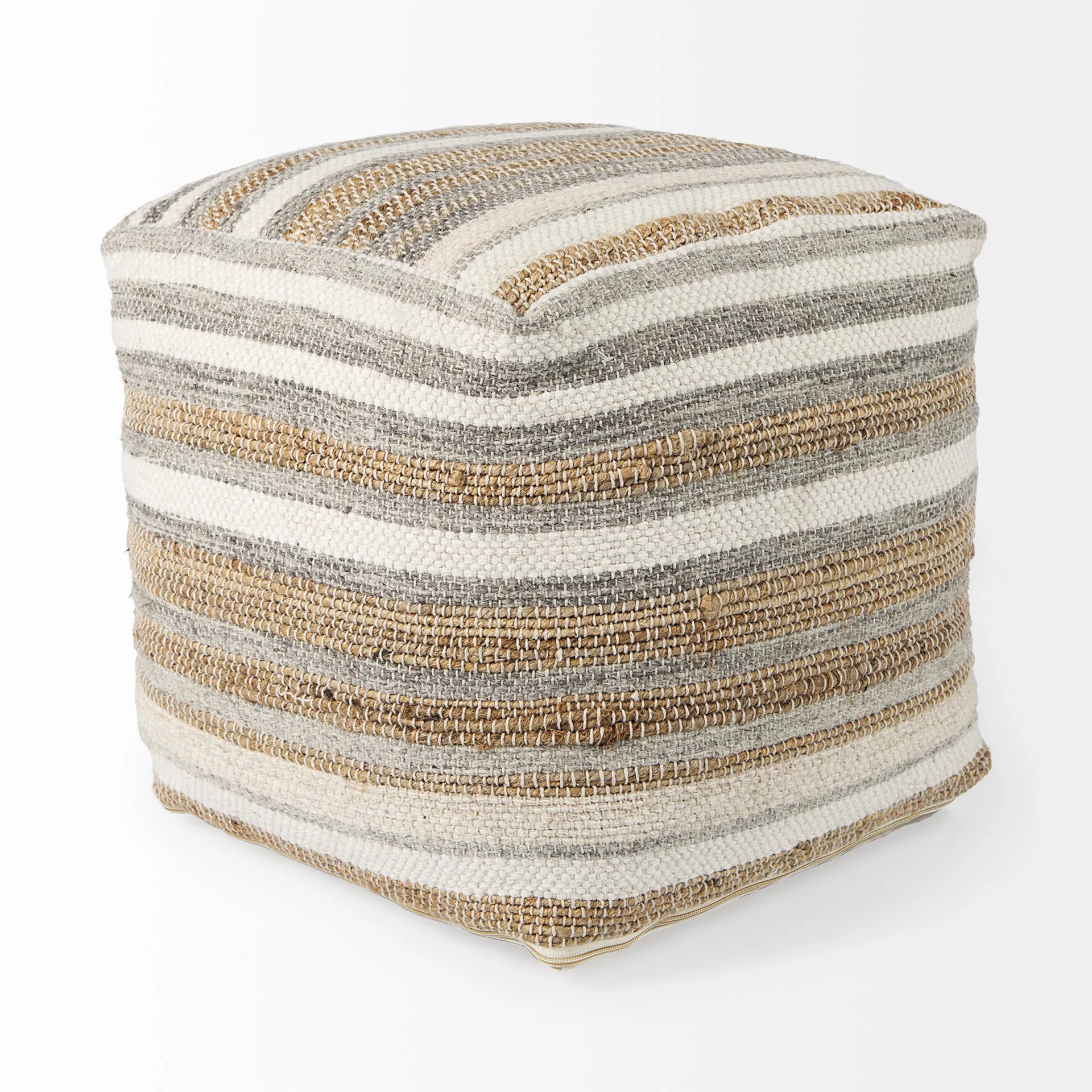 Aahana Striped Hemp and Cotton Pouf - 16" Square in White, Gray, and Taupe for Modern Elegance