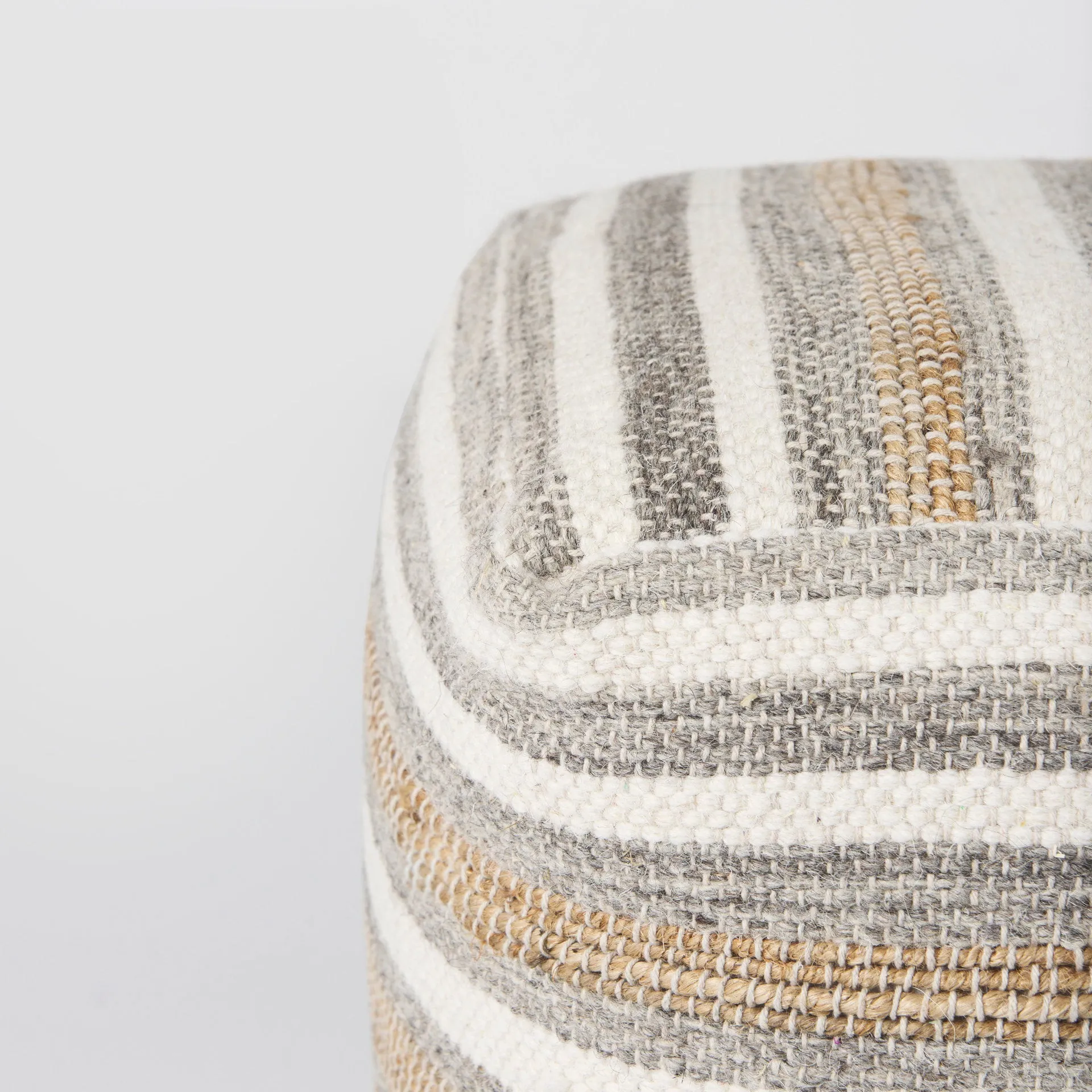 Aahana Striped Hemp and Cotton Pouf - 16" Square in White, Gray, and Taupe for Modern Elegance