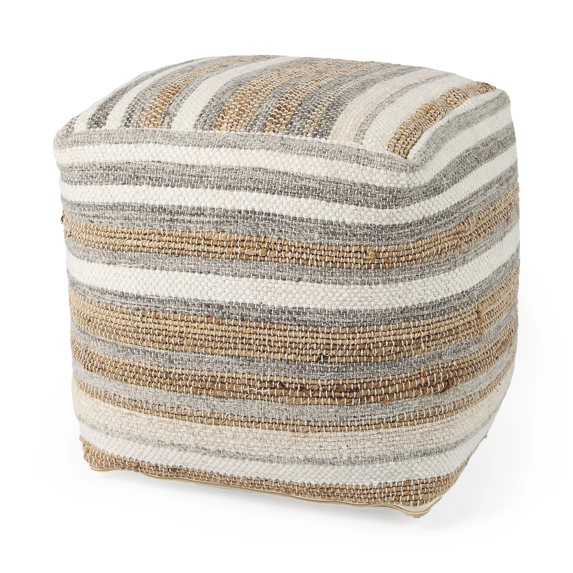 Aahana Striped Hemp and Cotton Pouf - 16" Square in White, Gray, and Taupe for Modern Elegance