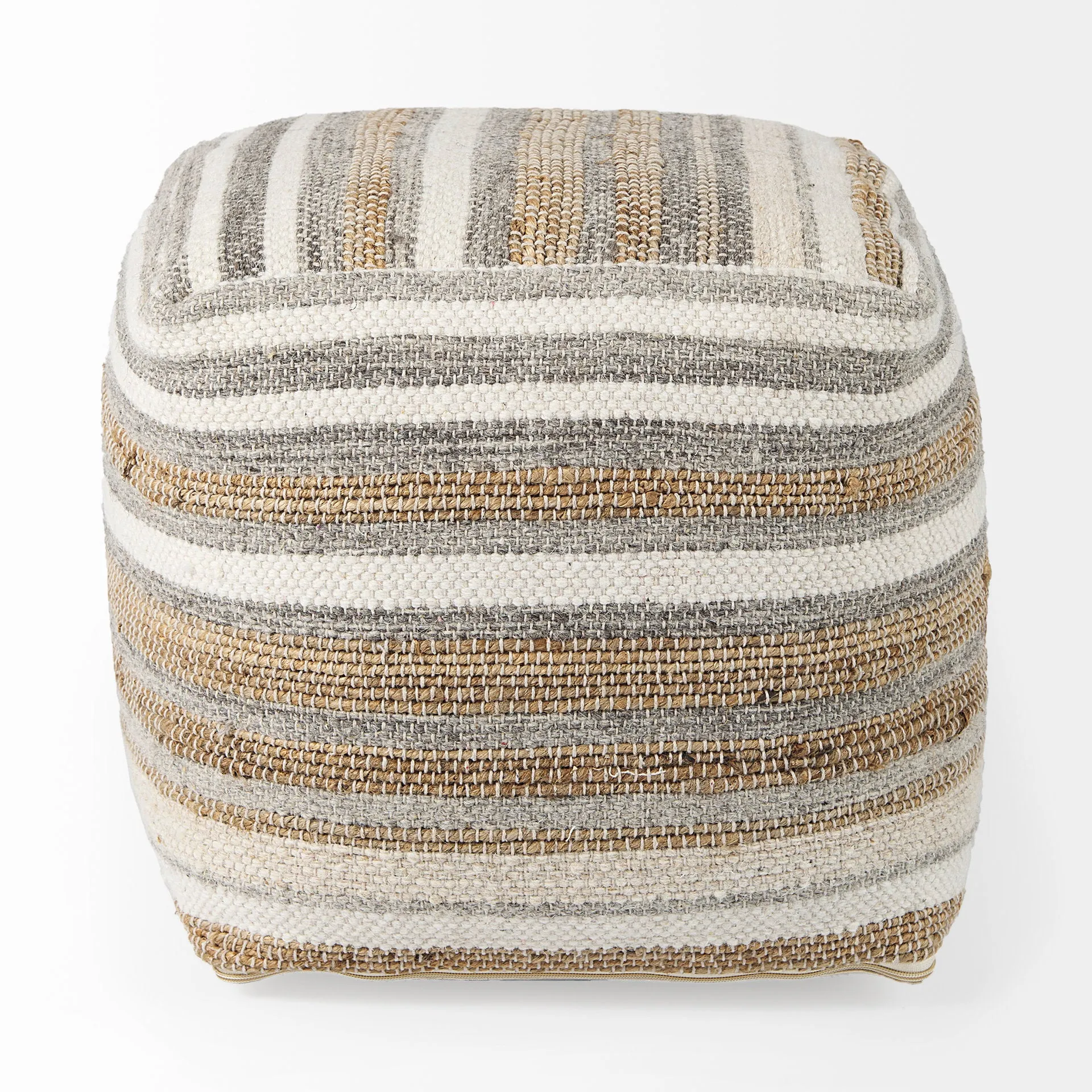 Aahana Striped Hemp and Cotton Pouf - 16" Square in White, Gray, and Taupe for Modern Elegance