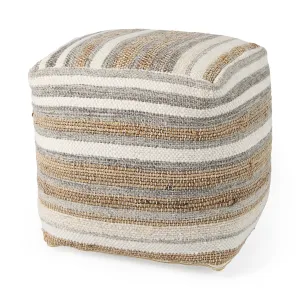 Aahana Striped Hemp and Cotton Pouf - 16" Square in White, Gray, and Taupe for Modern Elegance