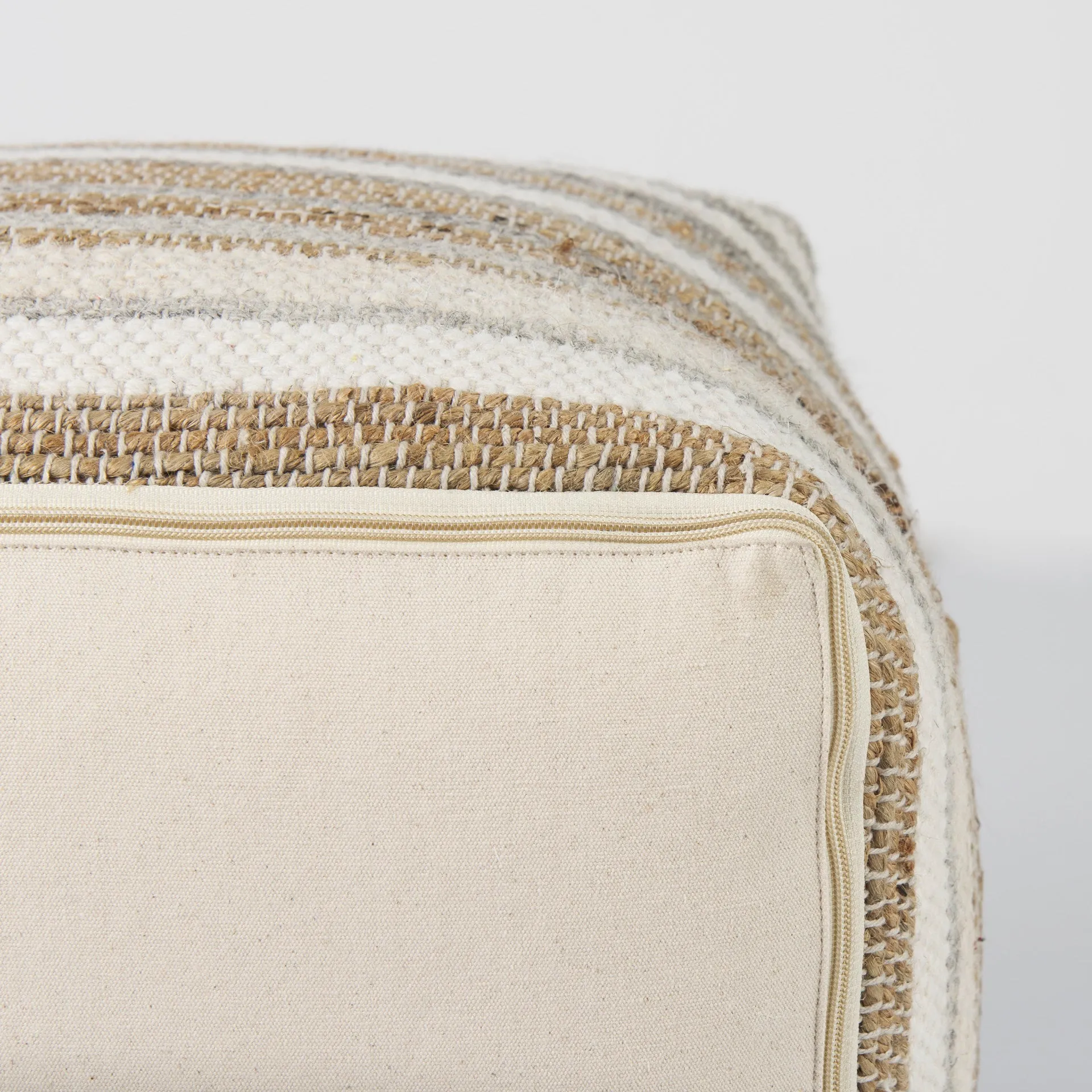 Aahana Striped Hemp and Cotton Pouf - 16" Square in White, Gray, and Taupe for Modern Elegance