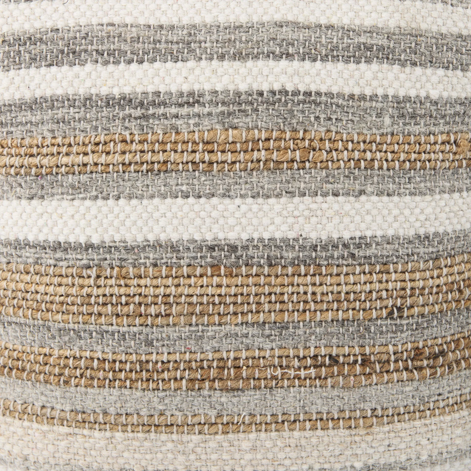 Aahana Striped Hemp and Cotton Pouf - 16" Square in White, Gray, and Taupe for Modern Elegance