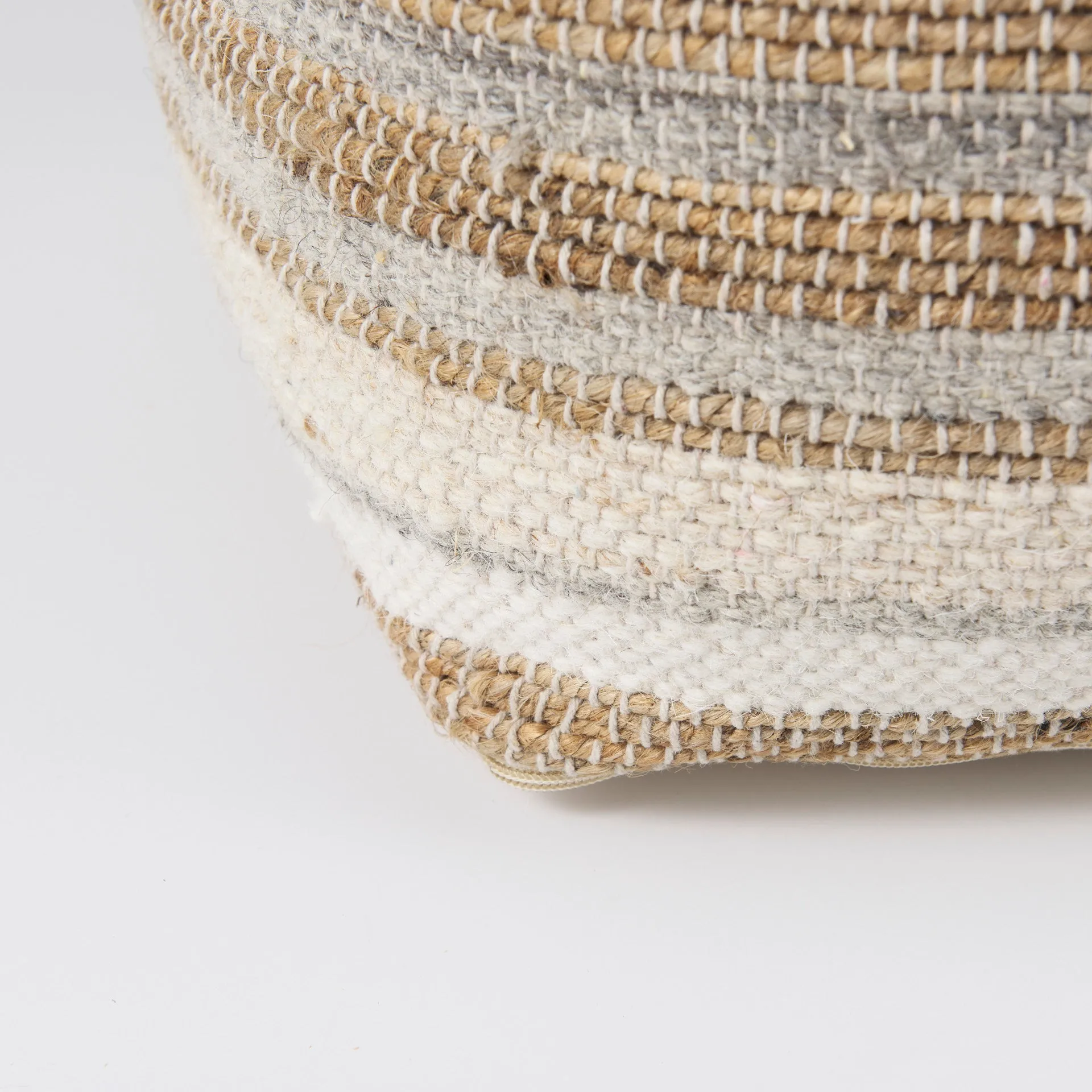 Aahana Striped Hemp and Cotton Pouf - 16" Square in White, Gray, and Taupe for Modern Elegance