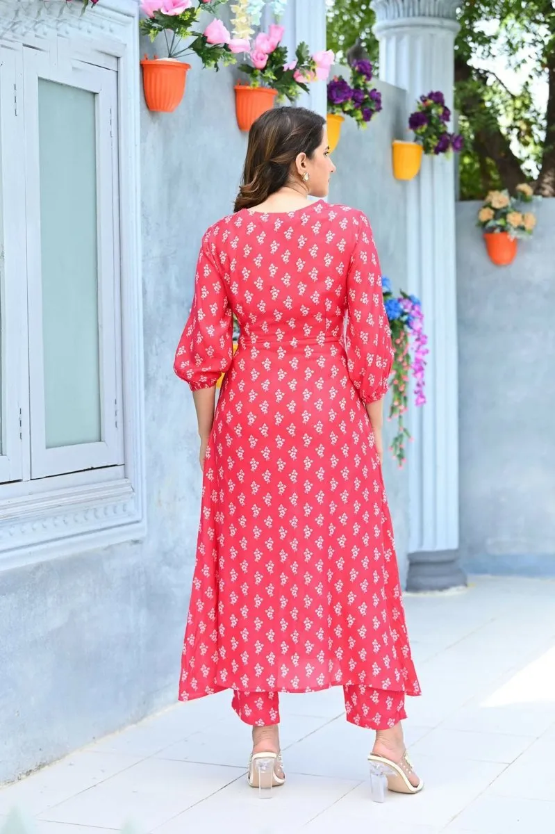 Aayaa Pure Muslin printed Kurti & Pant - Red pink