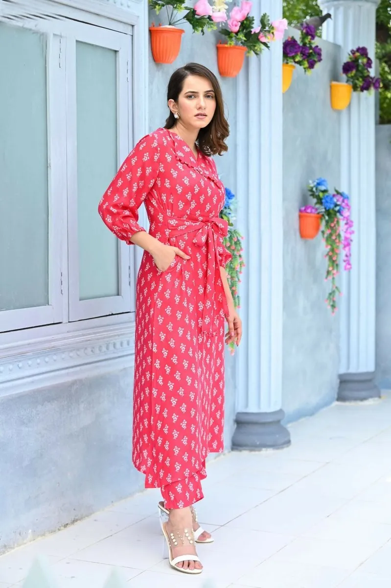 Aayaa Pure Muslin printed Kurti & Pant - Red pink