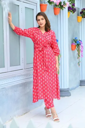 Aayaa Pure Muslin printed Kurti & Pant - Red pink