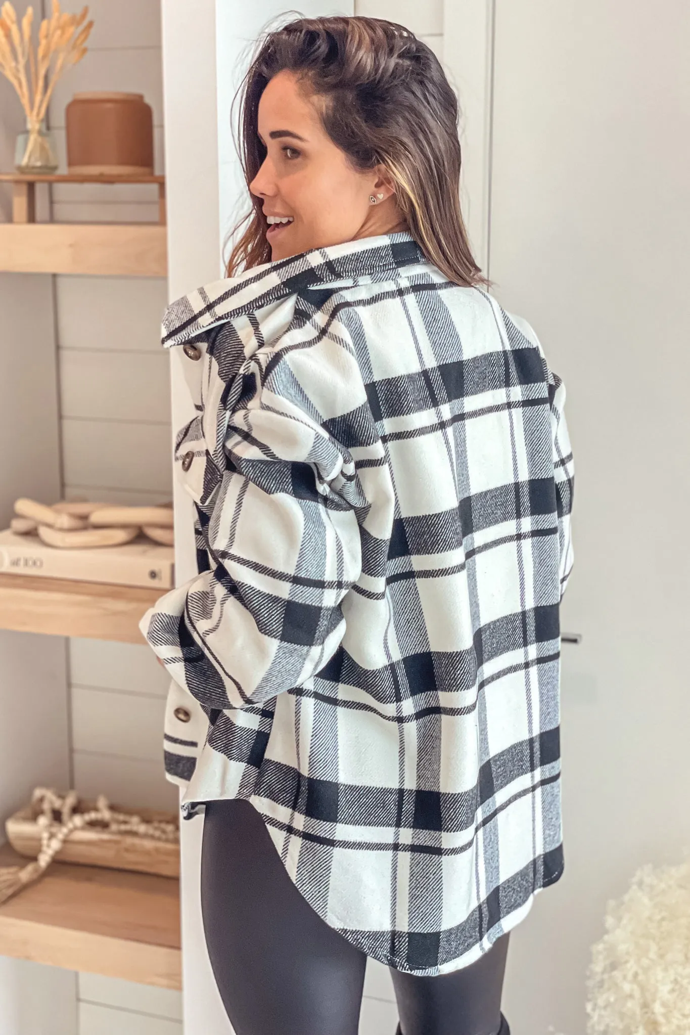 Black And White Plaid Jacket With Pockets Detail