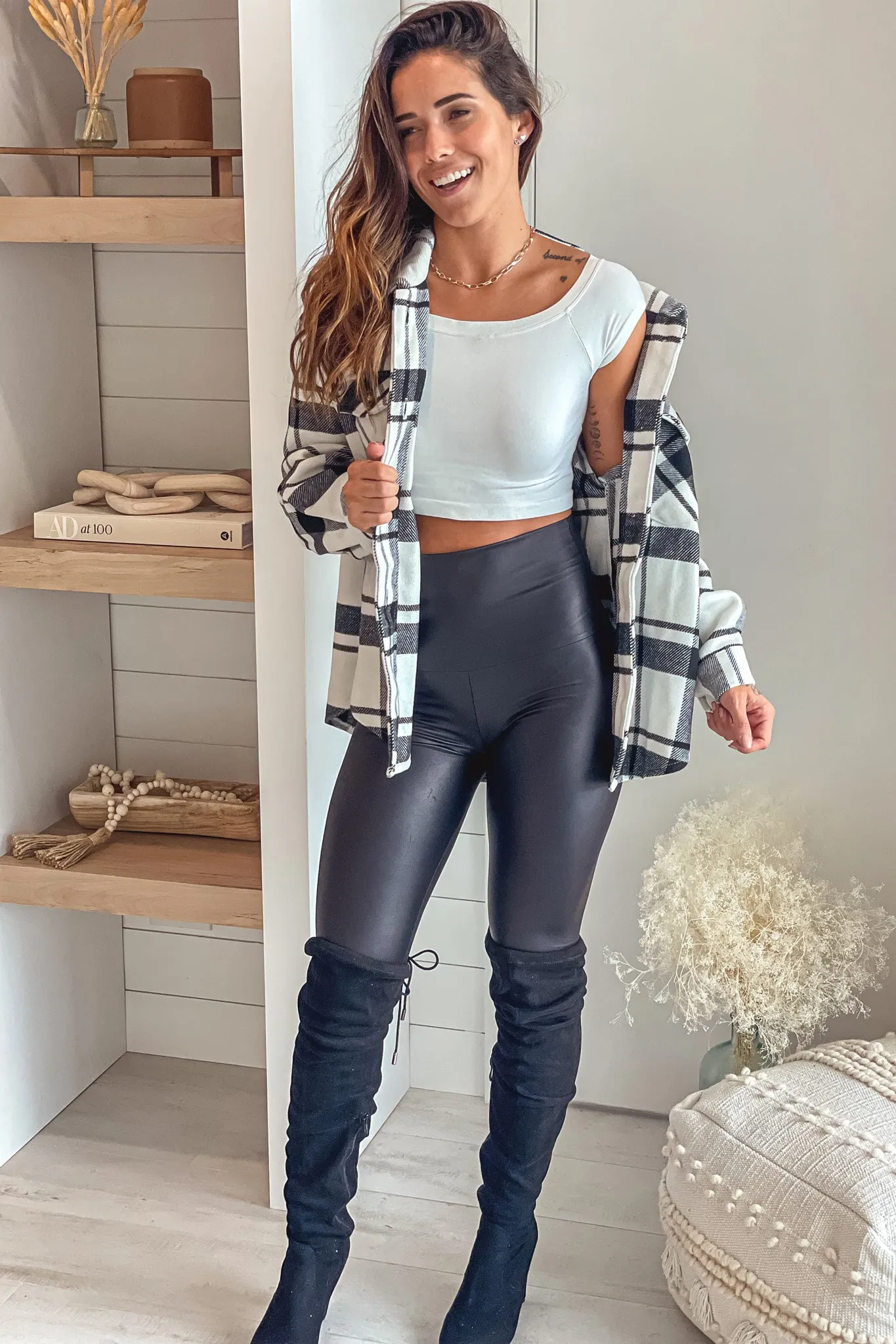 Black And White Plaid Jacket With Pockets Detail