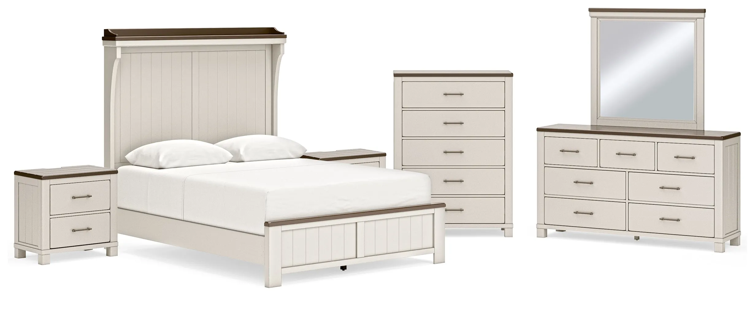 Darborn Queen Panel Bed with Mirrored Dresser, Chest and 2 Nightstands in Gray/Brown