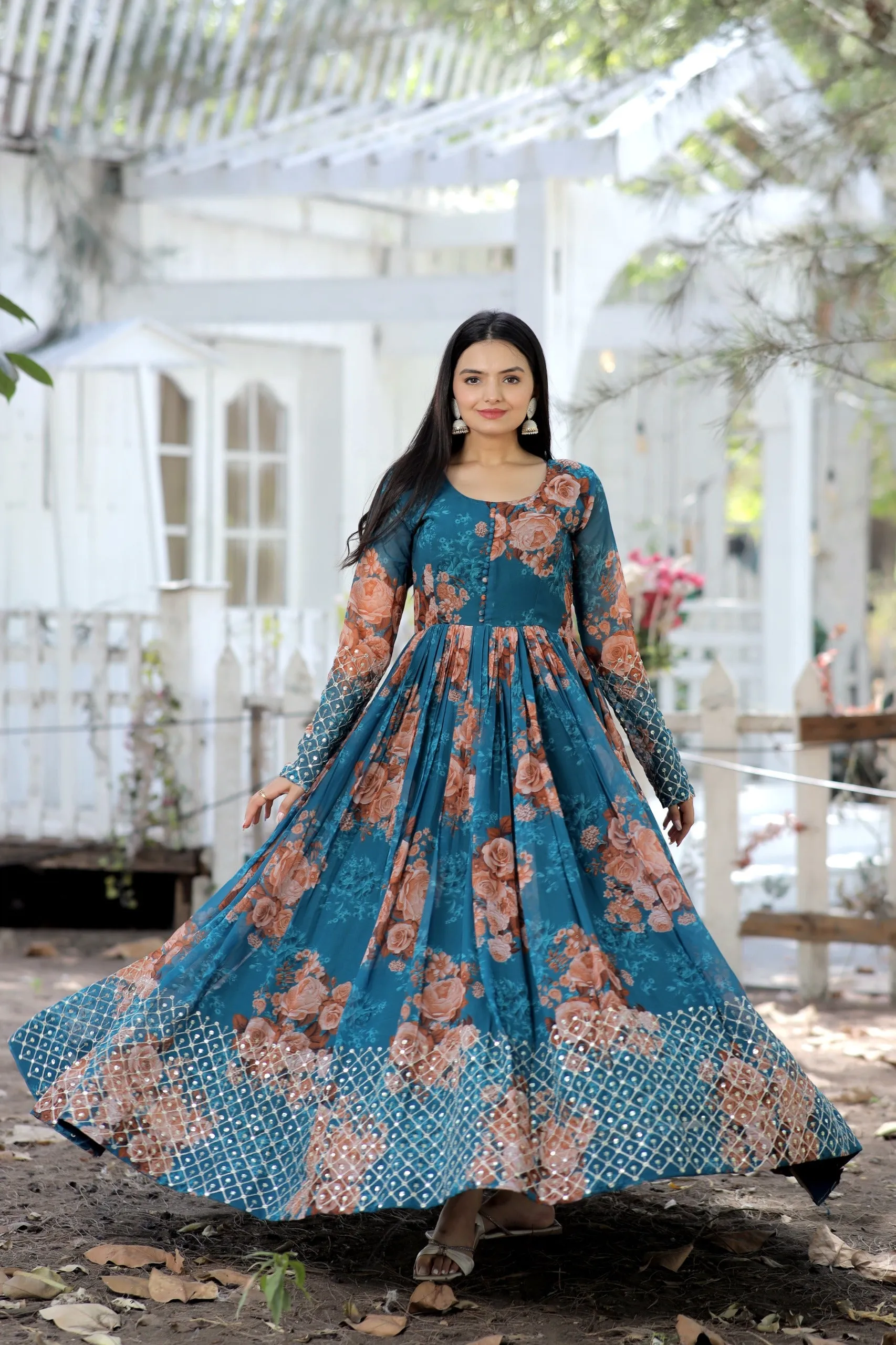 Faux Georgette Floral Digital Printed Gown