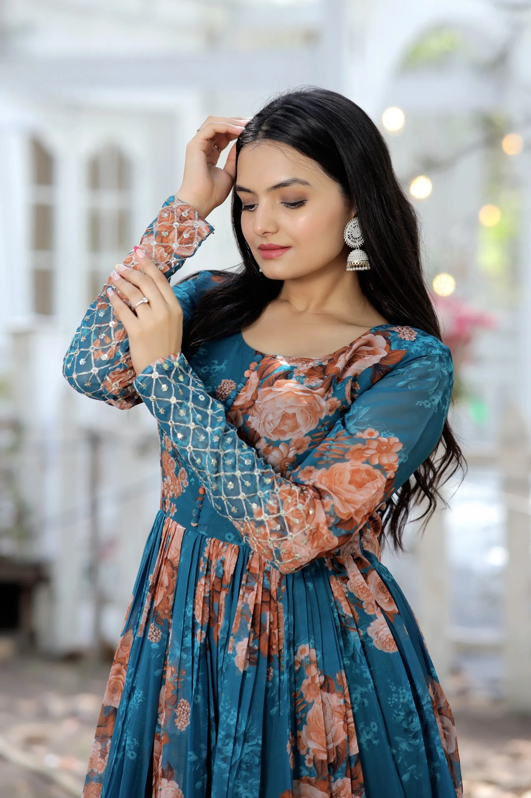 Faux Georgette Floral Digital Printed Gown