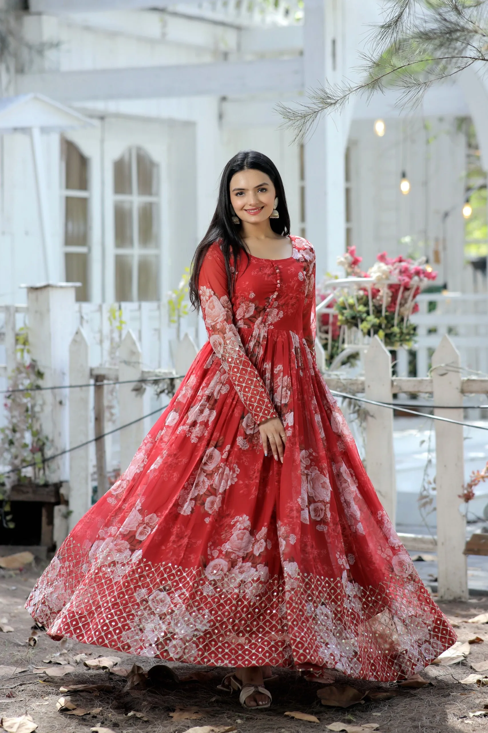 Faux Georgette Floral Digital Printed Gown