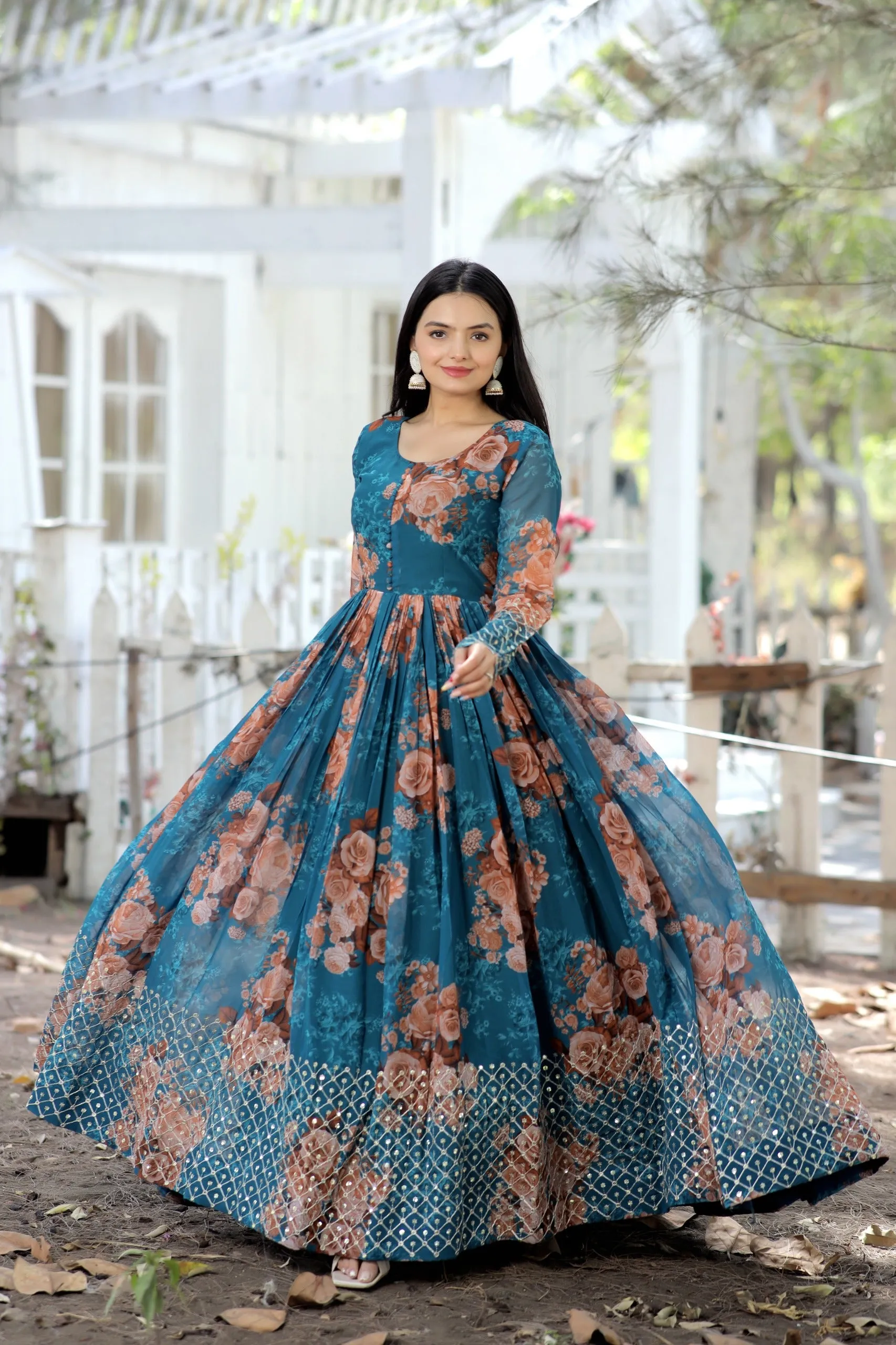 Faux Georgette Floral Digital Printed Gown