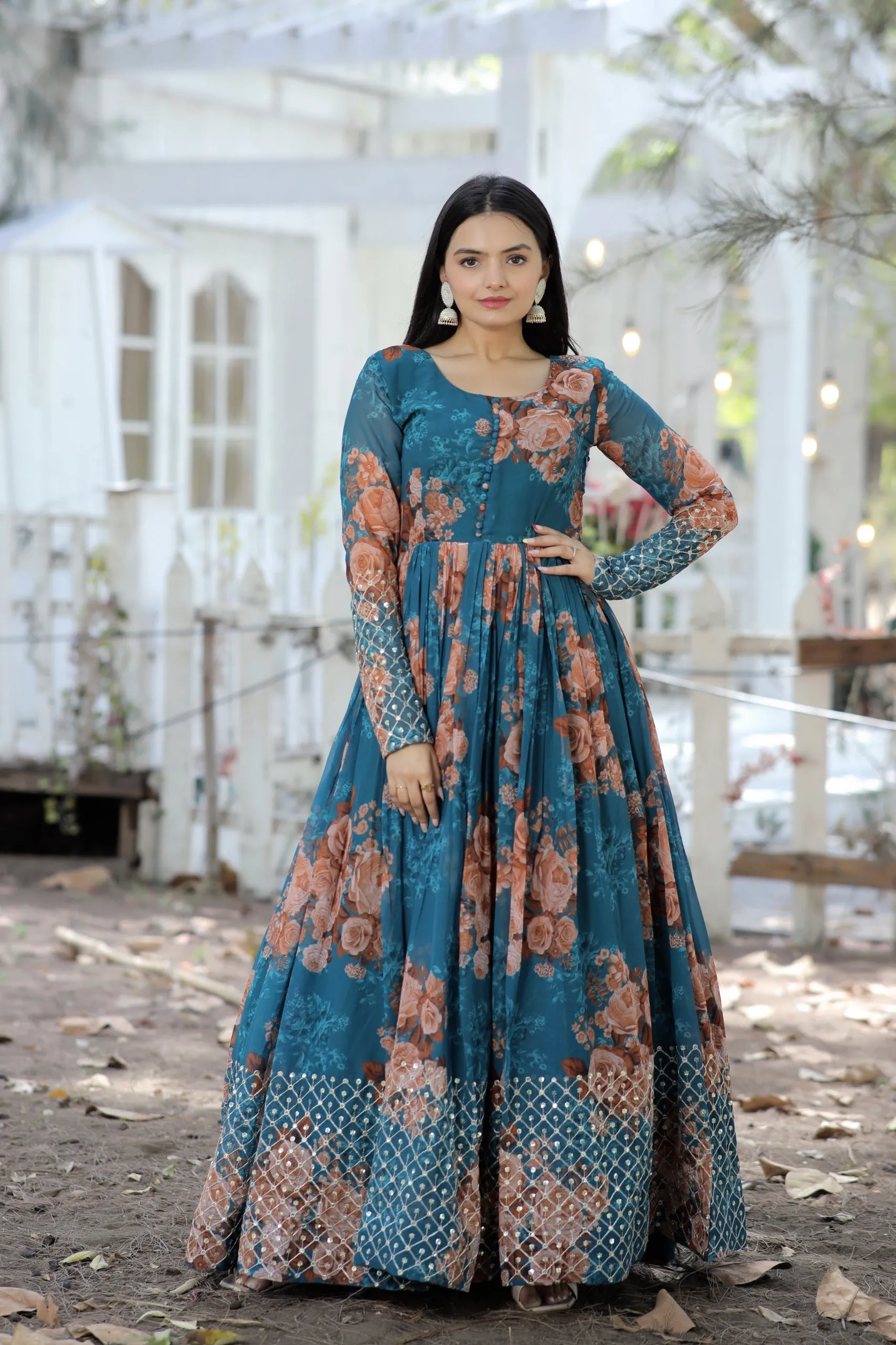 Faux Georgette Floral Digital Printed Gown
