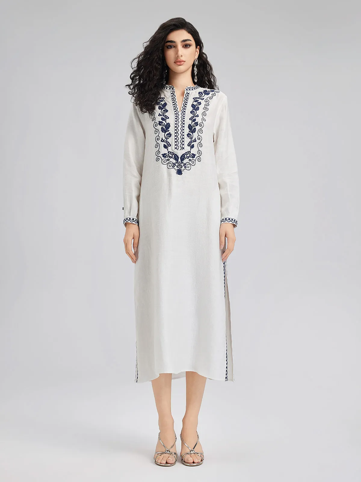 French Ramie Color-block Embroidered Dress