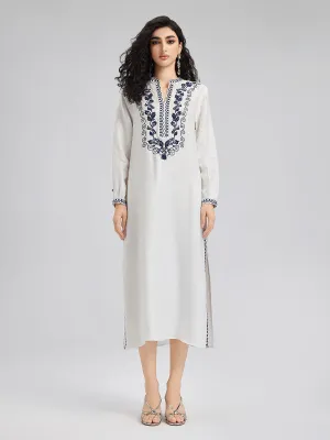 French Ramie Color-block Embroidered Dress