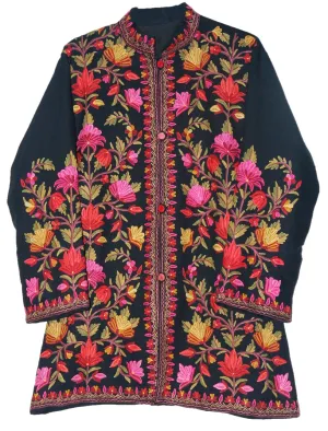 Kashmiri Woolen Jacket Black, Multicolor Embroidery #AO-009
