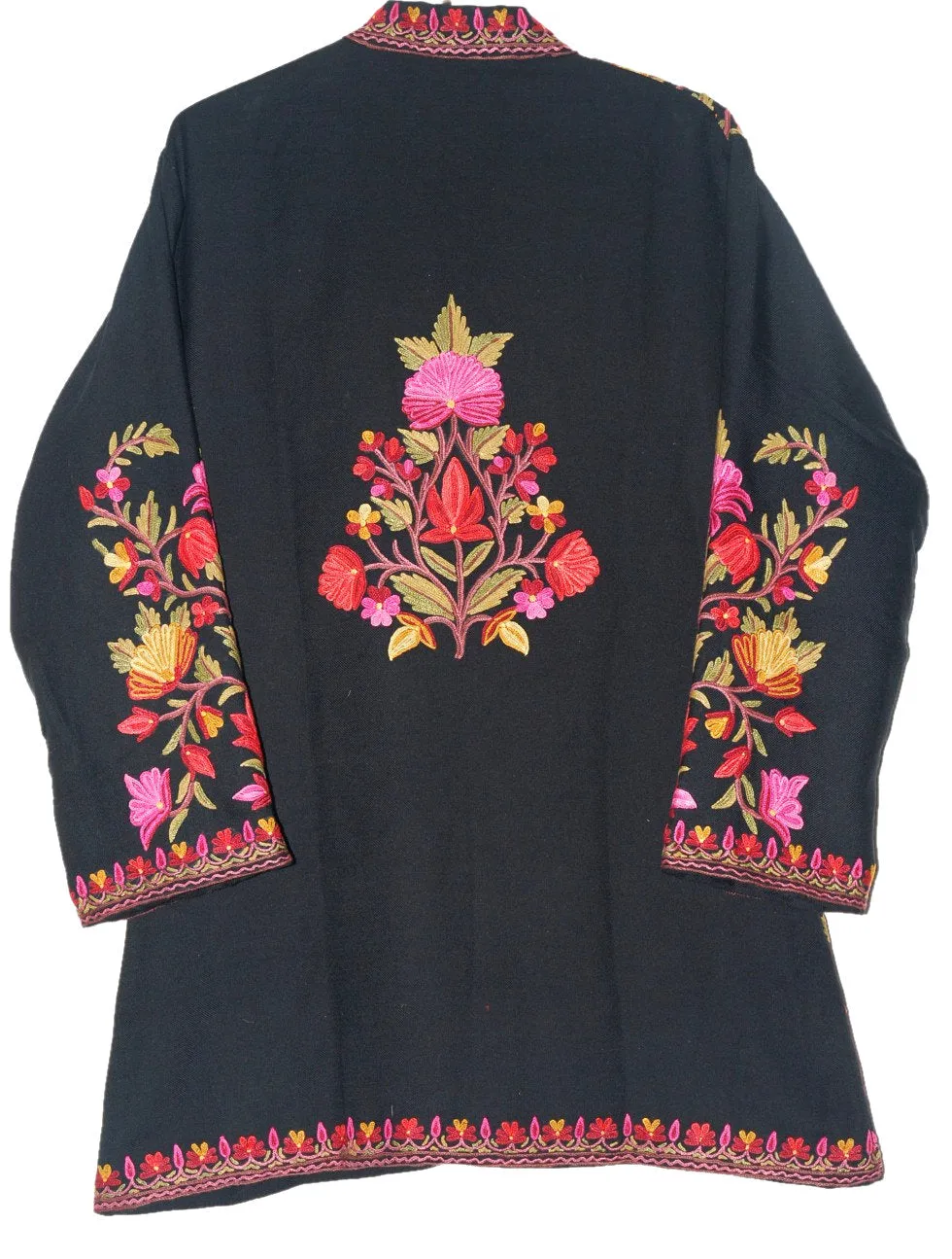 Kashmiri Woolen Jacket Black, Multicolor Embroidery #AO-009