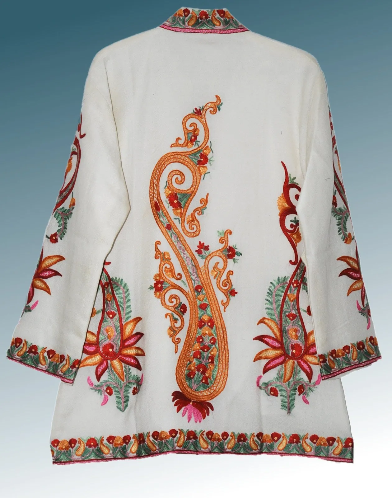 Kashmiri Woolen Jacket Off-White, Multicolor Embroidery #AO-0191