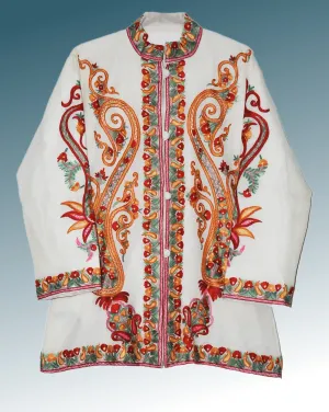 Kashmiri Woolen Jacket Off-White, Multicolor Embroidery #AO-0191