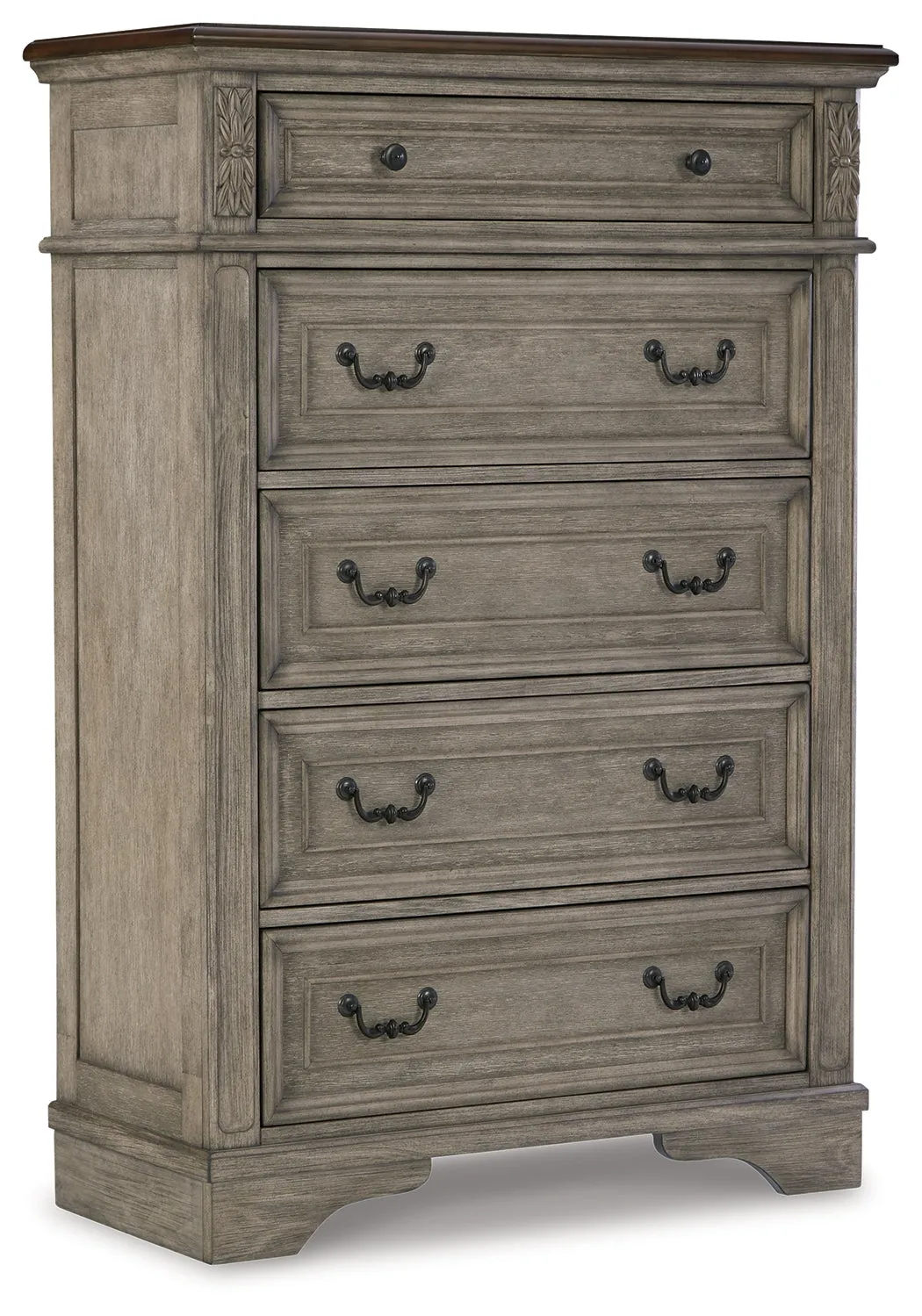 Lodenbay California King Panel Bed with Mirrored Dresser and Chest in Antique Gray