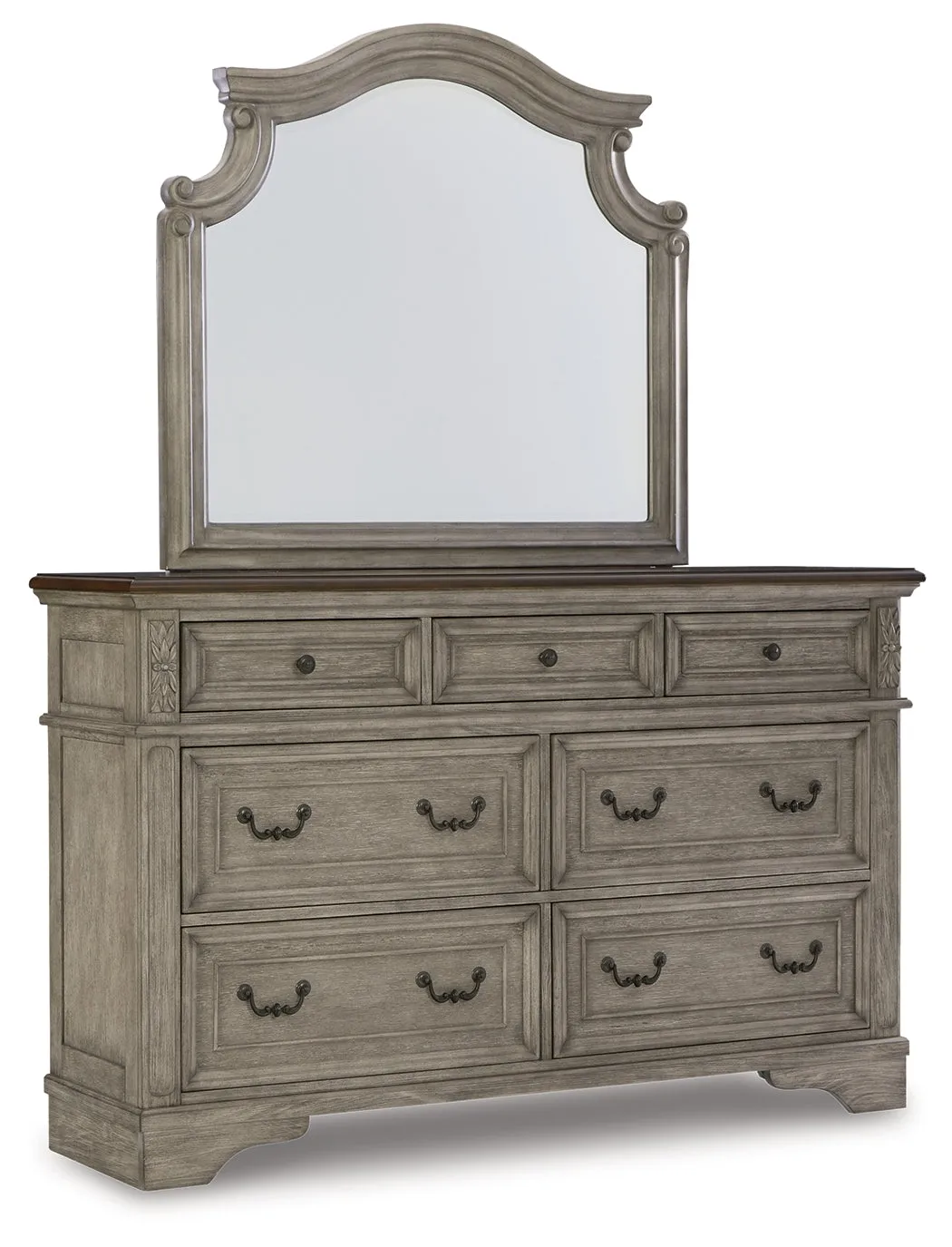 Lodenbay California King Panel Bed with Mirrored Dresser and Chest in Antique Gray