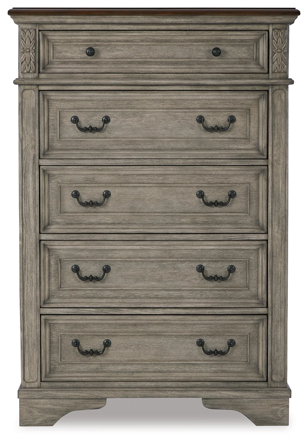 Lodenbay California King Panel Bed with Mirrored Dresser and Chest in Antique Gray
