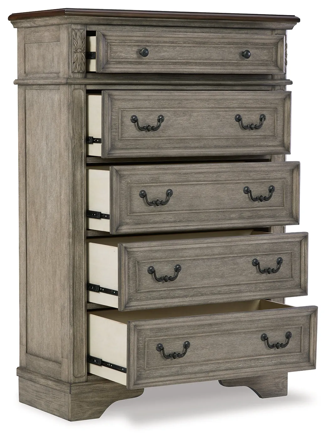 Lodenbay California King Panel Bed with Mirrored Dresser and Chest in Antique Gray