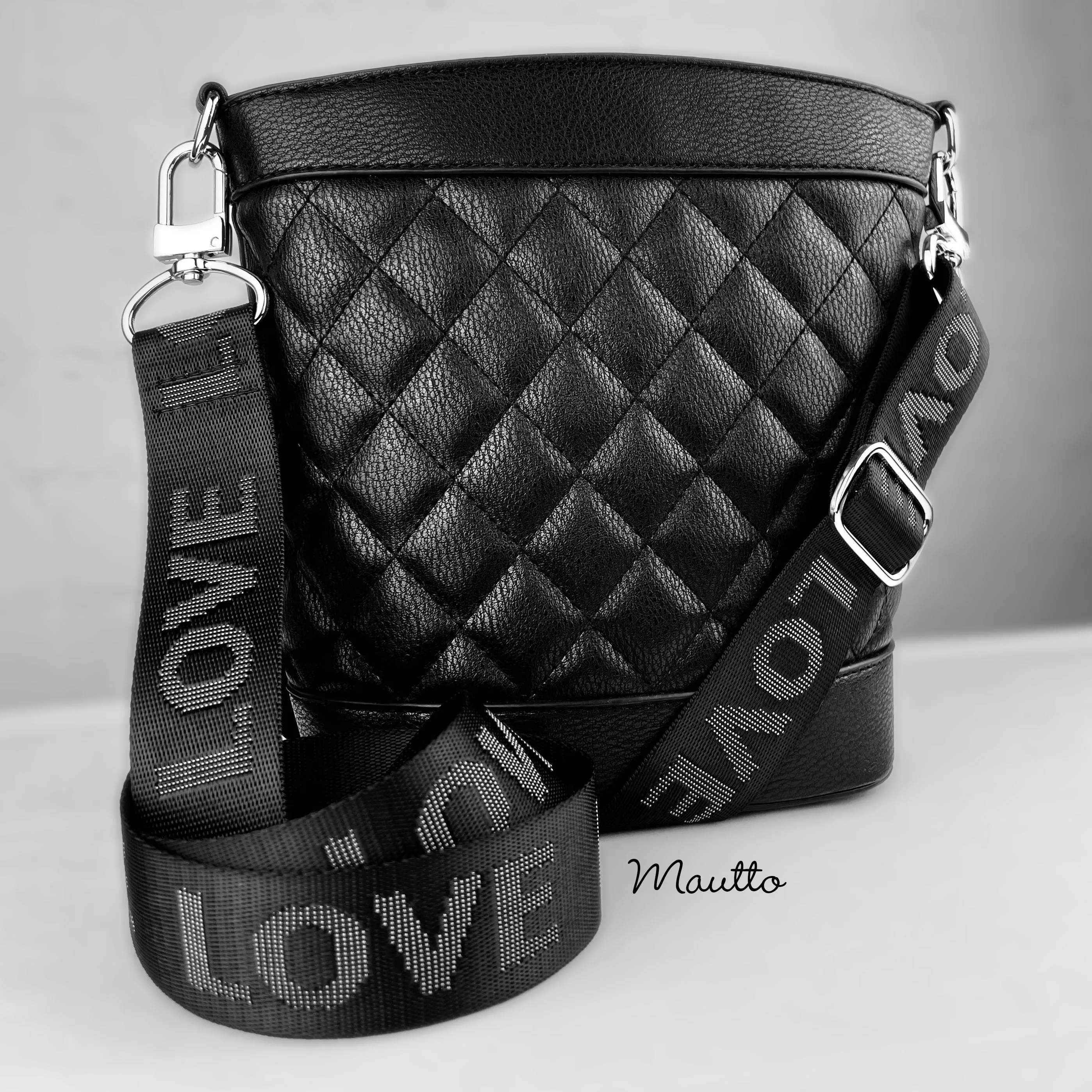 LOVE Strap (L-O-V-E Letters) - Gray on Black - Soft & Thick Nylon - Adjustable Shoulder to Crossbody (34-55 inches)