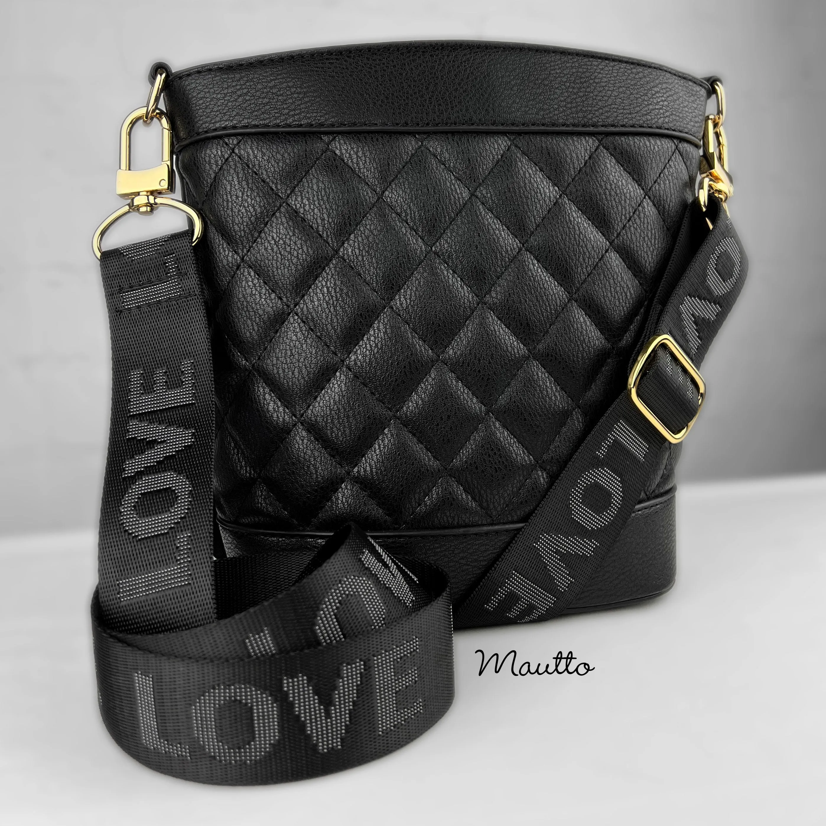 LOVE Strap (L-O-V-E Letters) - Gray on Black - Soft & Thick Nylon - Adjustable Shoulder to Crossbody (34-55 inches)