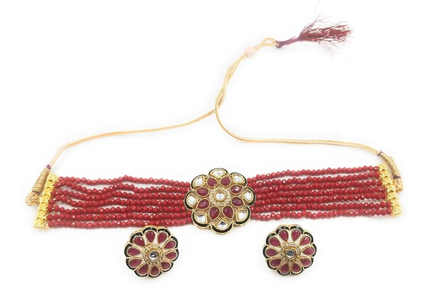Meenakari ad kundan chokar necklace with earrings (maroon)