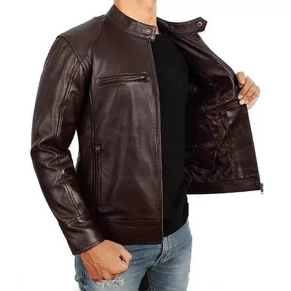 Mens Brown Moto Racer Leather Jacket
