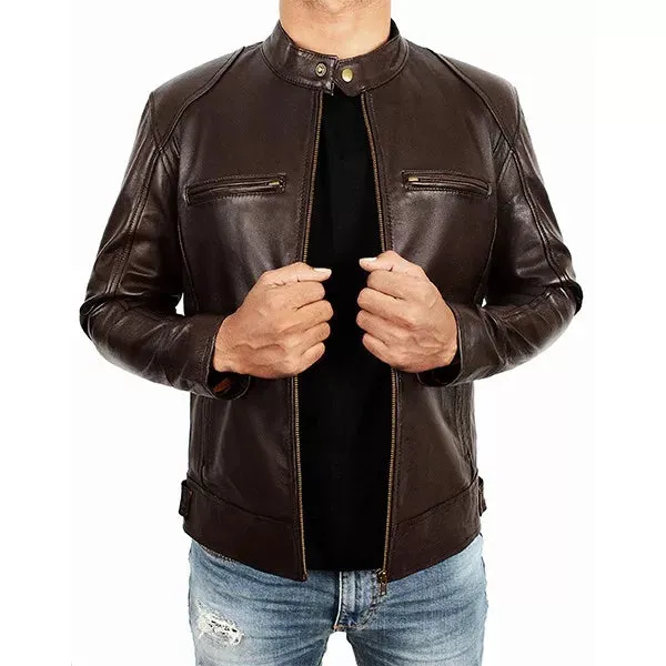 Mens Brown Moto Racer Leather Jacket