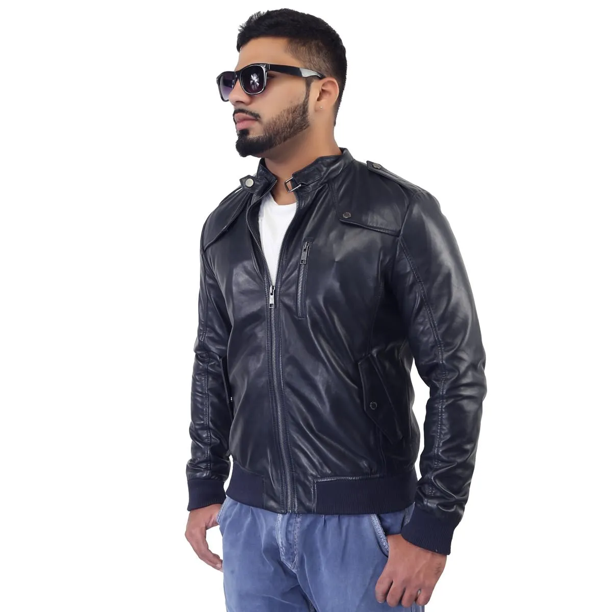 Men'S Navy Color Band Collar Genuine Leather Biker Jacket