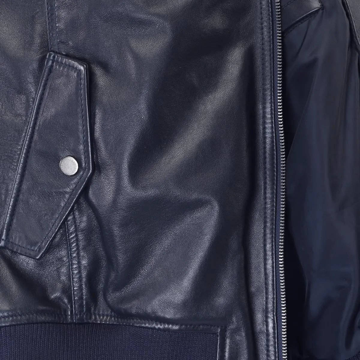 Men'S Navy Color Band Collar Genuine Leather Biker Jacket
