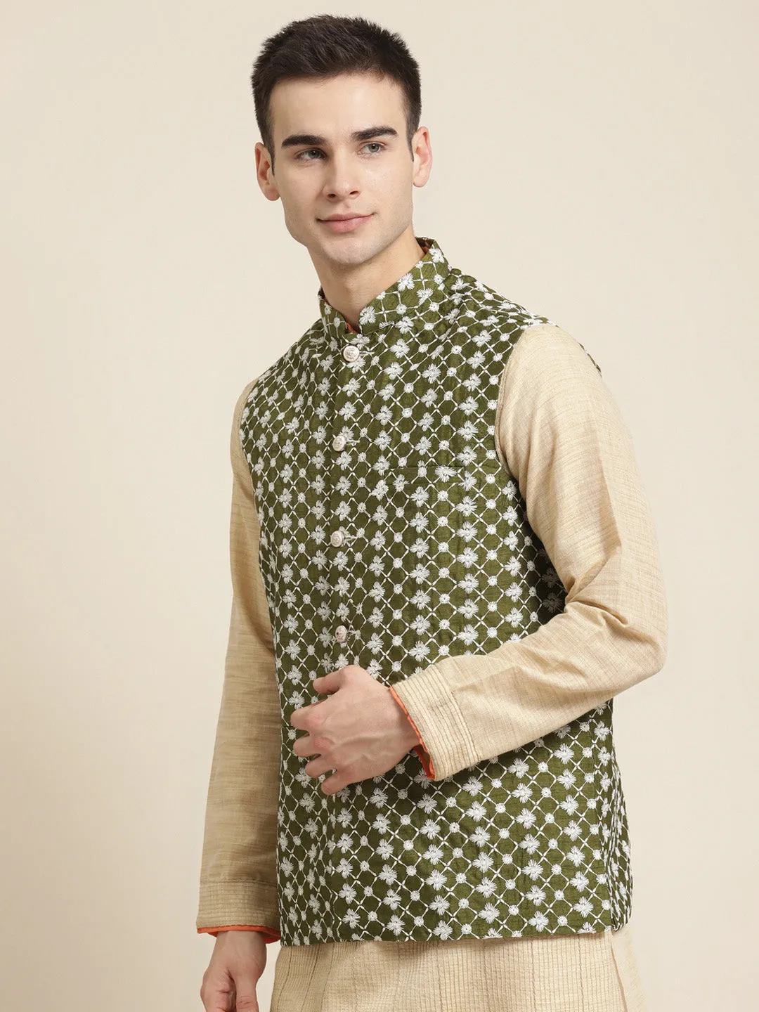 Men's Silk Blend Dark Green Embroidered ONLY Nehrujacket - Sojanya