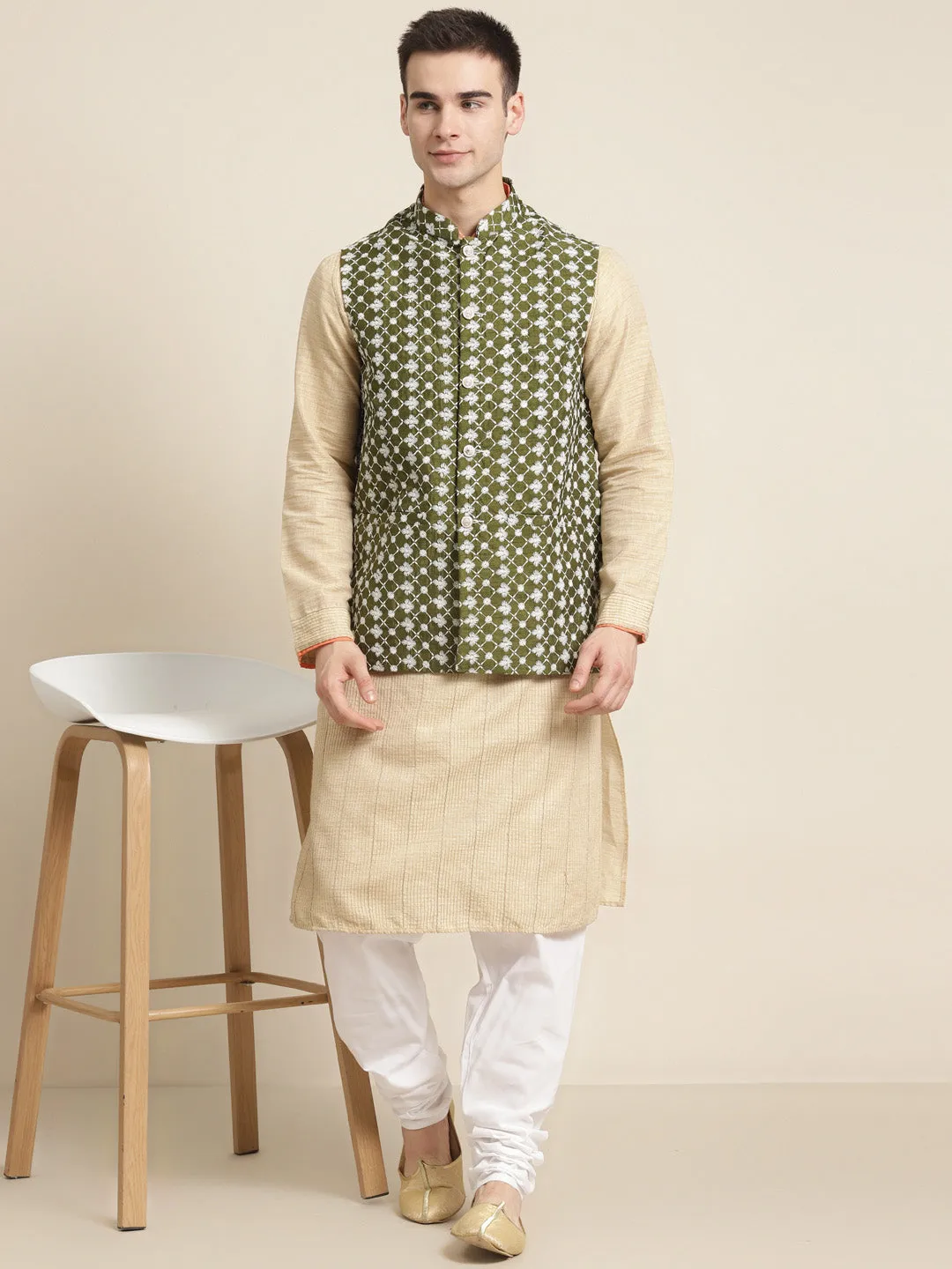 Men's Silk Blend Dark Green Embroidered ONLY Nehrujacket - Sojanya