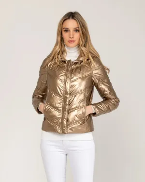 Metallic Padded Short Anorack With Hood, Zip And Buttons Gold