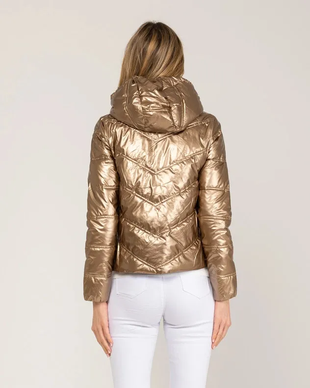 Metallic Padded Short Anorack With Hood, Zip And Buttons Gold