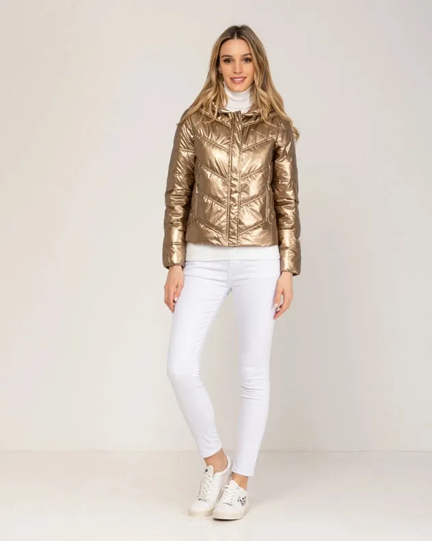 Metallic Padded Short Anorack With Hood, Zip And Buttons Gold