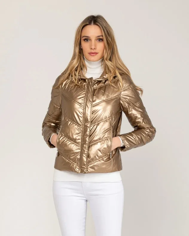 Metallic Padded Short Anorack With Hood, Zip And Buttons Gold