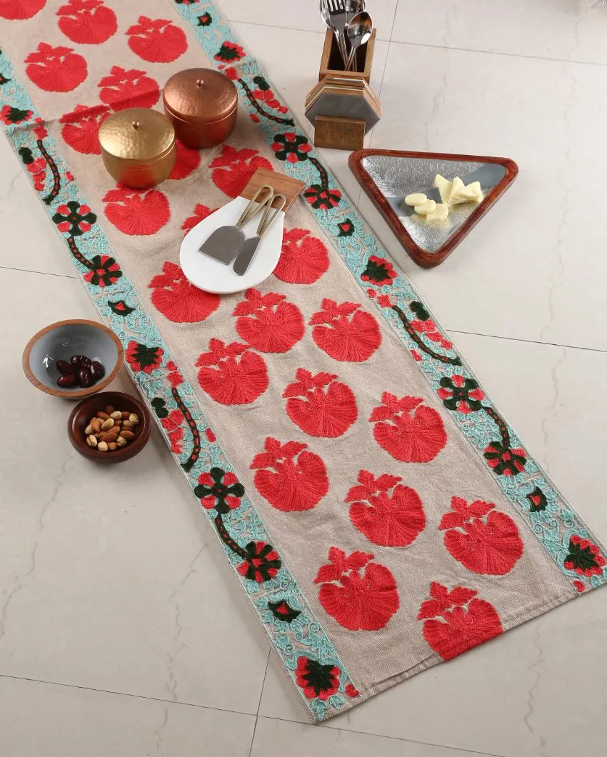 Moghul Design Floral Embroidery Cotton Table Runner | 60 x 16 inches