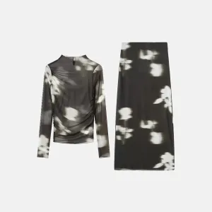 Murmure Set – Black abstract print – Straight midi skirt